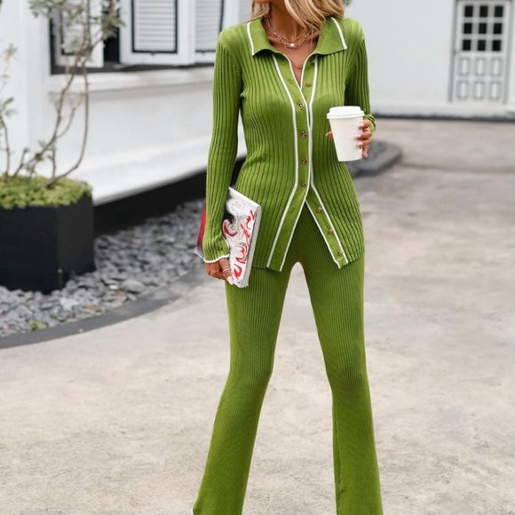 Striped Trim Single Breasted Rib-knit Cardigan & Knit Pants Green Coord set - Picture 5 of 5